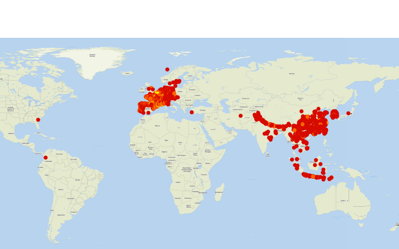 Répartition mondiale frelon asiatique, frelon à pattes jaunes, vespa velutina. © OpenStreetMap - Données de l'Inventaire National du Patrimoine Naturel (INPN)